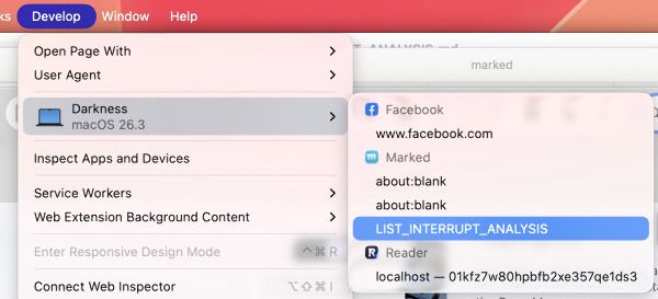 Safari Develop menu showing Marked documents