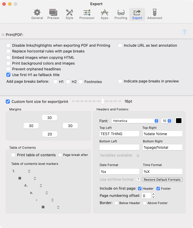 Settings: Export