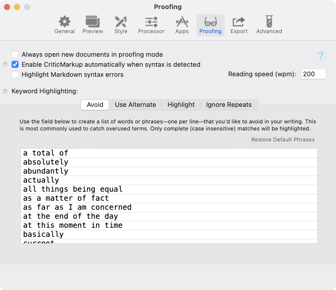 Settings: Proofing